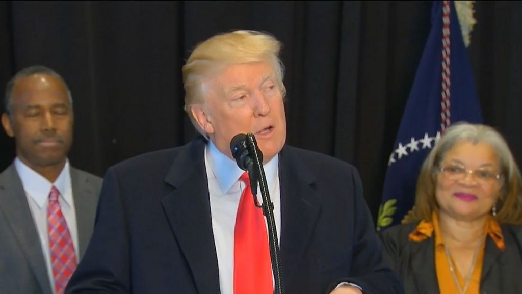 US President Donald Trump gives a press conference at the National Museum of African American History and Culture in Washington on Monday, February 21, 2017 (screen capture: Facebook)