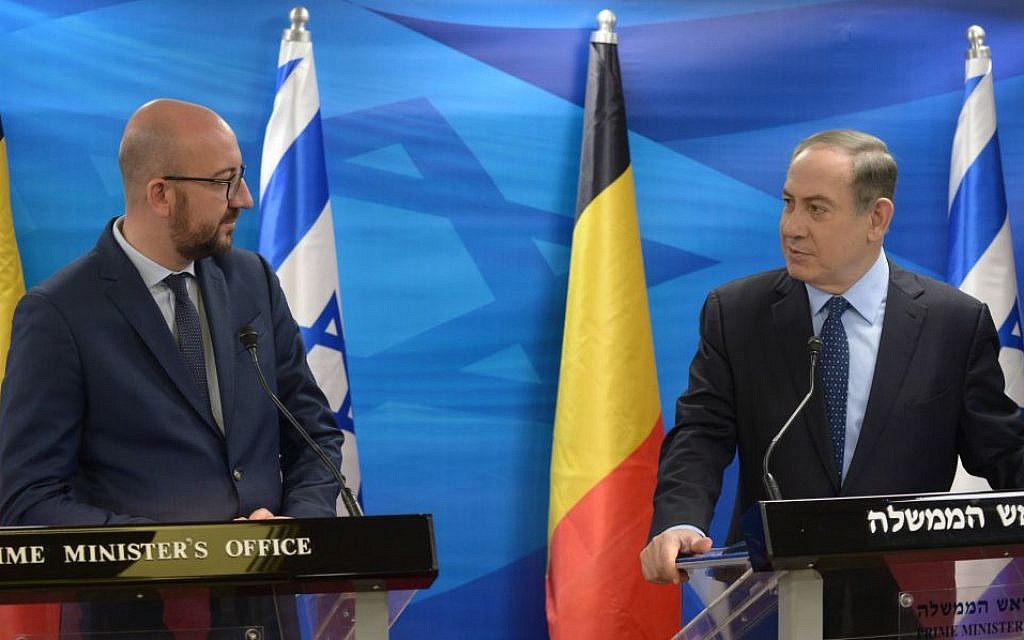 Prime Minister Benjamin Netanyahu (R) with Belgian President Charles Michel during a press conference in Jerusalem, February 7, 2017. (GPO)