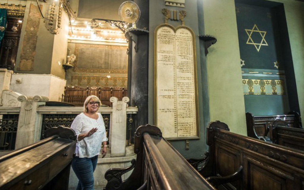 Illustrative: The president of the Egyptian Jewish Community, Magda Shehata Haroun, talks during an interview with AFP at the Shaar Hashamayim Synagogue in Cairo, also known as Temple Ismailia or Adly Synagogue in downtown Cairo on October 3, 2016. (Khaled Desouki/AFP)