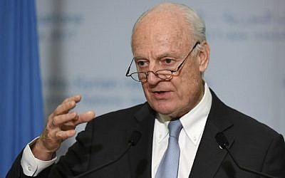 UN Special Envoy of the Secretary-General for Syria Staffan de Mistura gives a press conference during the Intra-Syrian peace talks at the European headquarters of the United Nations in Geneva, on March 3, 2017. (AFP PHOTO / PHILIPPE DESMAZES)