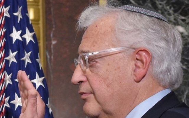 David Friedman is sworn in as the US ambassador to Israel during a ceremony in the Eisenhower Executive Office Building, next to the White House in Washington, DC, on March 29, 2017. (AFP/Mandel Ngan)