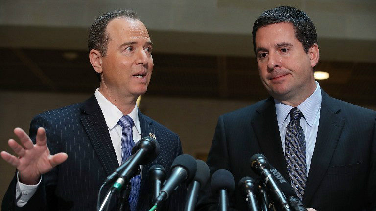 House Intelligence Committee Chairman Devin Nunes (R-CA) (R), and ranking member Rep. Adam Schiff (D-CA) speak to the media about Committee's investigation into Russian interference in the US presidential election, at the U.S. Capitol on March 15, 2017 in Washington, DC. (Mark Wilson/Getty Images/AFP )