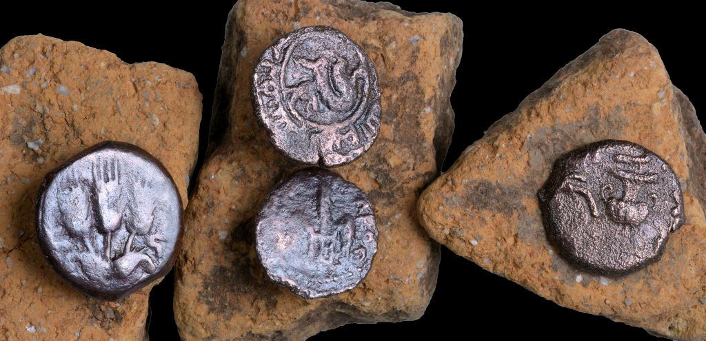 Ancient coins that were discovered in an excavation of a Roman road near Beit Shemesh in February 2017. (Clara Amit, courtesy of the Israel Antiquities Authority)
