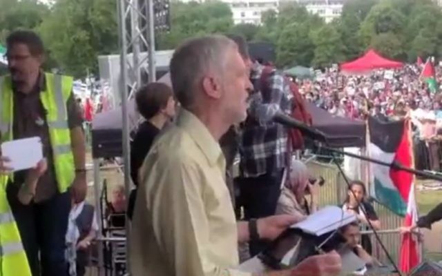 Jeremy Corbyn Speaks at a rally for Gaza in Hyde Park, London August 8, 2014. (Screen capture: YouTube)