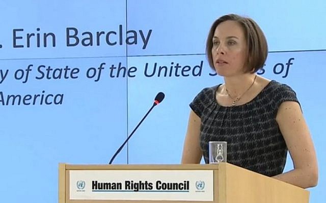 US envoy Erin Barclay addresses the United Nations Human Rights Council March 1, 2017 (Screen capture: UNHRC)