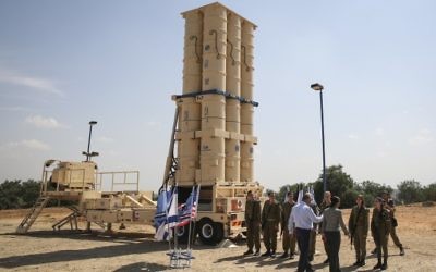 Archive: Former US National Security Advisor Susan Rice, views the Arrow 2 intercepting missile launcher at the Palmachim Israeli Air Force base in central Israel during her visit to the country on May 9, 2014. (Hadas Parush/Flash 90)