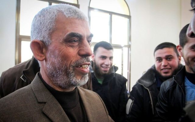 Yahya Sinwar, the new leader of Hamas in the Gaza Strip, attends the opening of a new mosque in the southern Gaza city of Rafah on February 24, 2017. (Abed Rahim Khatib/Flash90)