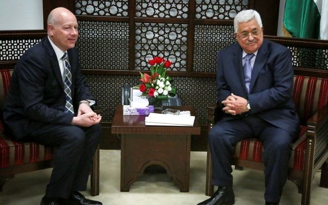 Palestinian Authority President Mahmoud Abbas (R) meets with Jason Greenblatt, Donald Trump's special representative for international negotiations, in the West Bank city of Ramallah, on March 14, 2017. (Flash90)