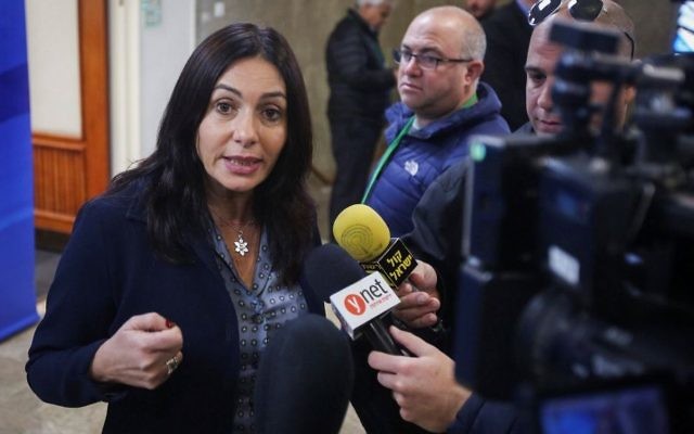 Culture Minister Miri Regev speaks with the media before the weekly cabinet meeting at the Prime Minister's Office in Jerusalem, on March 16, 2017. (Marc Israel Sellem/Pool/Flash90)