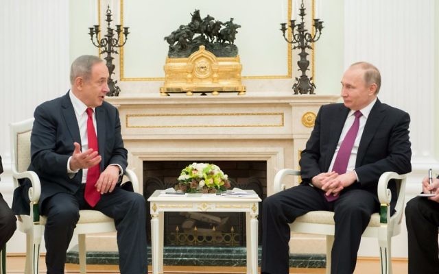 Prime Minister Benjamin Netanyahu (left) meets with Russian President Vladimir Putin in Moscow on March 9, 2017 (Israel embassy in Moscow)