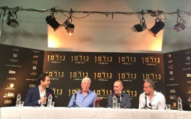 At the Thursday, March 9 conference following the first press screening of Joseph Cedar's new film 'Norman,' with Richard Gere (second from left), Joseph Cedar and Lior Ashkenazy (Jessica Steinberg/Times of Israel)