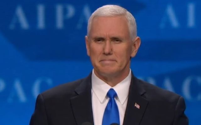 Vice President Mike Pence addresses AIPAC's annual Policy Conference on March 26, 2017, in the Verizon Center in Washington, DC.(Screen capture)