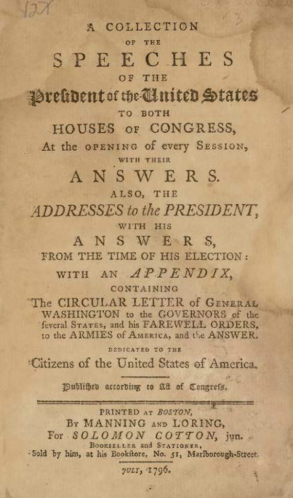 The title page of George Washington's 1796 "Collection of the Speeches of the President of the United States... Addresses to the President, with His Answers." (courtesy of Kestenbaum & Co.)