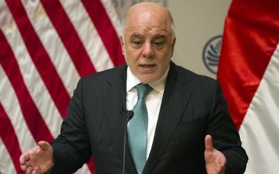 ​Iraq's Prime Minister Haider al-Abadi speaks at United States Institute of Peace in Washington, Monday, March 20, 2017. (AP Photo/Cliff Owen)