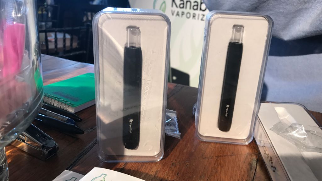 Kanabo's vaporizers on display at the CannaTech conference in Tel Aviv, March 20, 2017. (Luke Tress/Times of Israel)