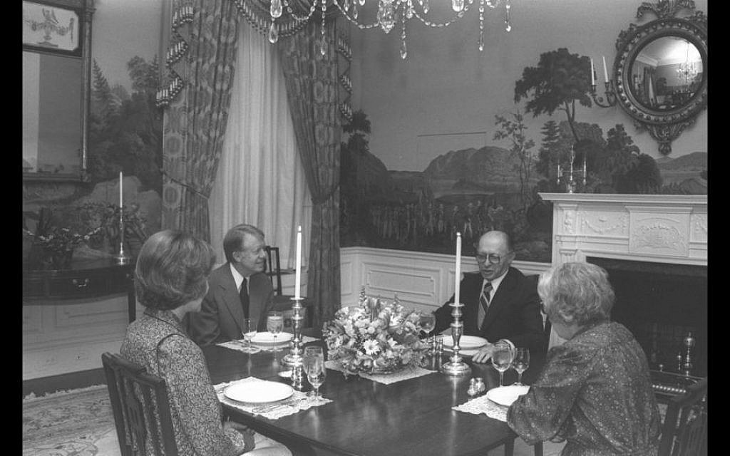 A dinner with US President Jimmy Carter and Rosalyn Carter and Prime Minister Begin and his wife on the eve of the peace treaty signing with Egypt (Courtesy David Rubinger/Knesset collection)