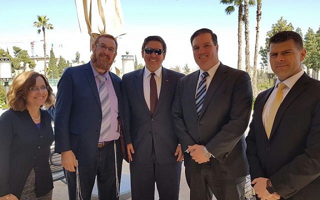 Likud MK Yehuda Glick, second left, Republican Congressman Ron DeSantis of Florida, center, and their staffs, meeting in Jerusalem on March 5, 2017. (Courtesy)