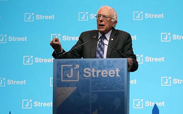 US Senator Bernie Sanders speaking at the J Street 2017 National Conference at the Washington Convention Center, Feb. 27, 2017. (Mark Wilson/Getty Images via JTA)