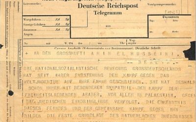 A telegram from senior Nazi Heinrich Himmler to the Grand Mufti of Jerusalem, Haj Amin al-Husseini, probably dating to 1943, found in the archives of the National Library, March 29, 2017.
