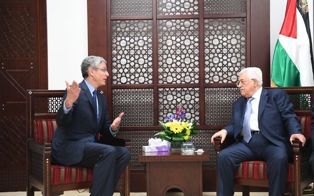 Rabbi Rick Jacobs, left, meeting with Mahmoud Abbas in Ramallah on March 9, 2017. (WAFA)