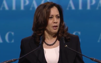 US Senator Kamala Harris, a Democrat from California, speaks at AIPAC’s 2017 Policy Conference at the Washington Convention Center on March 28, 2017 (screen capture)