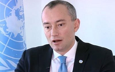 UN Special Coordinator for the Middle East Peace Process Nickolay Mladenov is interviewed on i24NEWS on February 21, 2017. (Screen capture/YouTube)