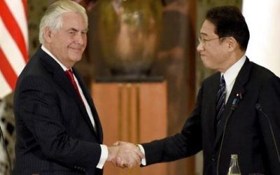 U.S. Secretary of State Rex Tillerson, left, shakes hands with his Japanese counterpart Fumio Kishida at the end of a joint press conference after their talks at the Iikura Guesthouse in Tokyo Thursday, March 16, 2017.  (Toru Yamanaka/Pool Photo via AP)