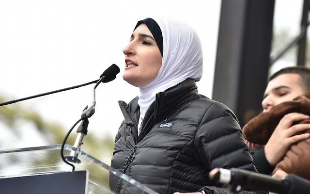 Linda Sarsour speaking onstage during the Women’s March on Washington in Washington, D.C, Jan. 21, 2017. (Theo Wargo/Getty Images)