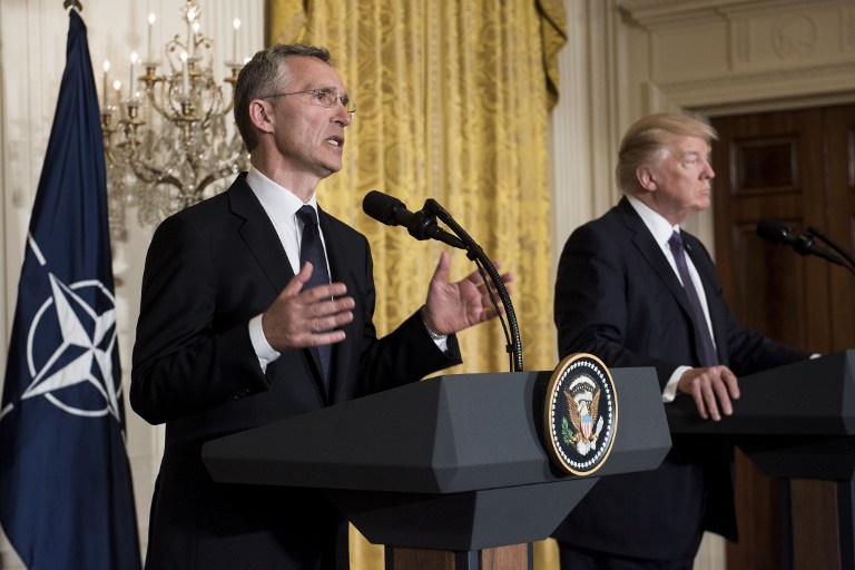 NATO Secretary General Jens Stoltenberg (L) and US President Donald Trump hold a joint press conference in the East Room at the White House in Washington, DC, on April 12, 2017. AFP/Brendan Smialowski)