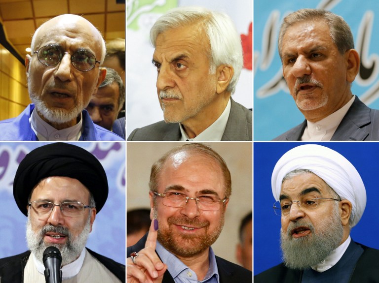 The contenders for Iran's upcoming presidential elections: (top L-R) Head of the Islamic Coalition Partys Central Council and former Minister of Culture, Mostafa Mirsalim; former Iranian minister Mostafa Hashemitaba; Iran's first Vice-President, Eshaq Jahangiri; (bottom L-R) Iranian cleric and head of the Imam Reza charitable foundation, Ebrahim Raisi; Mohammad Bagher Ghalibaf, Mayor of Tehran, and Iranian President Hassan Rouhani. (AFP PHOTO / ATTA KENARE)