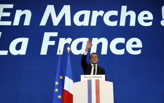 French presidential election candidate for the En Marche ! movement Emmanuel Macron delivers a speech at the Parc des Expositions in Paris, on April 23, 2017, after the first round of the Presidential election. (AFP PHOTO / Patrick KOVARIK)