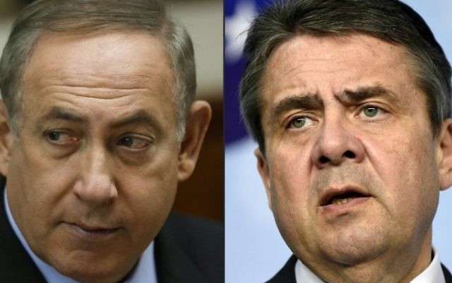 This combination of pictures created on April 25, 2017 shows Israeli Prime Minister Benjamin Netanyahu (L) attending a cabinet meeting in Jerusalem on March 16, 2017 and German Minister of Foreign Affairs Sigmar Gabriel during a joint press conference on April 5, 2017 at the EU headquarters in Brussels. (Amir Cohen and John Thys/AFP)