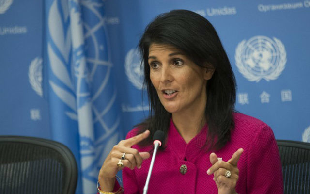 US Ambassador to the United Nation Nikki Haley answers questions during a press briefing at the United Nations headquarters, April 3, 2017 in New York City. (Drew Angerer/Getty Images via AFP)