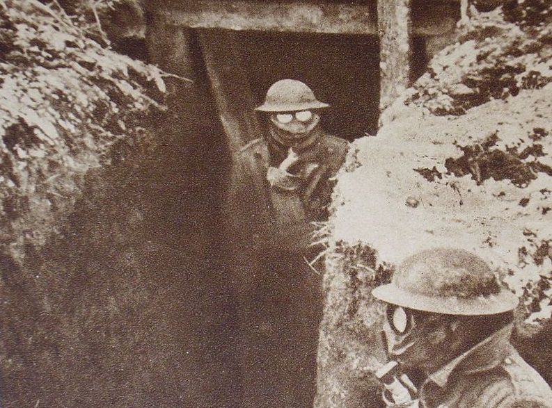 During World War I, American soldiers wore gas masks during trench warfare with Germany (Public domain)
