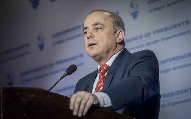 Energy Minister Yuval Steinitz attends the Conference of Presidents of Major American Jewish Organizations, at the Inbal Hotel in Jerusalem,  February 20, 2017. (Yonatan Sindel/Flash90)
