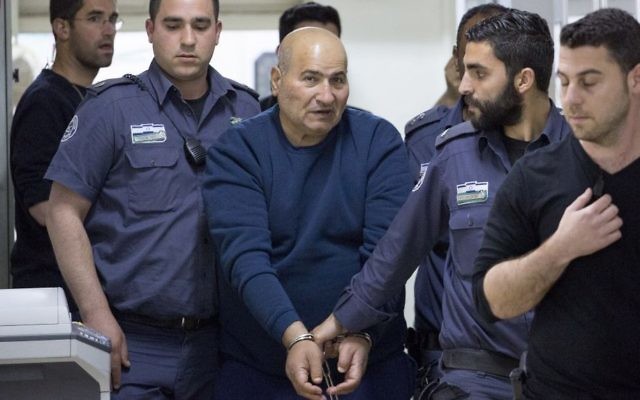 Jamil Tamimi, 57, who stabbed and killed Hannah Bladon in Jerusalem is brought to the Jerusalem Magistrate's Court after his arrest, on April 15, 2017. (Yonatan Sindel/Flash90)