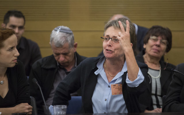 Leah Goldin, mother of fallen IDF soldier Hadar Goldin, speaks at a State Control Committee hearing in the Knesset on April 19, 2017. (Hadas Parush/Flash90)