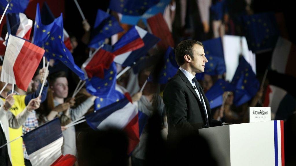 French independent centrist presidential candidate Emmanuel Macron addresses his supporters during an election campaign rally in Arras, northern France, Wednesday, April 26, 2017. (AP Photo/Thibault Camus)