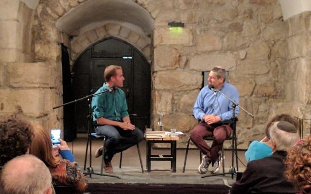 Matti Friedman, left, and Haim Watzman in the Crusaders Hall, at the Tower of David Museum as part of the Times of Israel Presents on April 25, 2017. (Yaakov Schwartz/ Times of Israel)