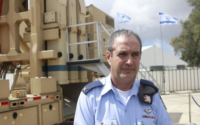 IDF Brig. Gen. Tzvika Haimovitch stands in front of the David's Sling missile defense system at the Hatzor Air Base in central Israel on April 2, 2017. (Judah Ari Gross/Times of Israel) 