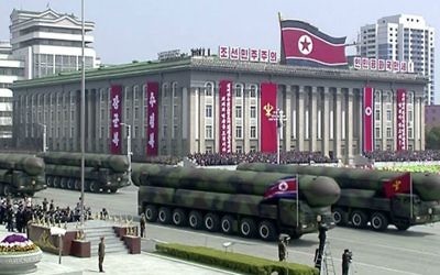 In this image made from video provided by North Korean broadcaster KRT, missiles are displayed during a parade at Kim Il Sung Square in Pyongyang, Saturday, April 15, 2017. (KRT via AP)