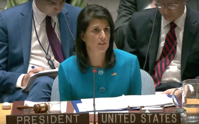 US envoy Nikki Haley speaks at the UN Security Council's monthly meeting on 'the Situation in the Middle East, including the Palestinian question,' April 20, 2017 (YouTube screenshot)