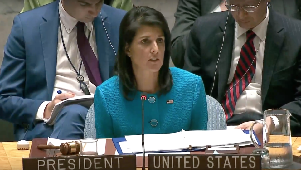US envoy Nikki Haley speaks at the UN Security Council's monthly meeting on 'the Situation in the Middle East, including the Palestinian question,' April 20, 2017 (YouTube screenshot)