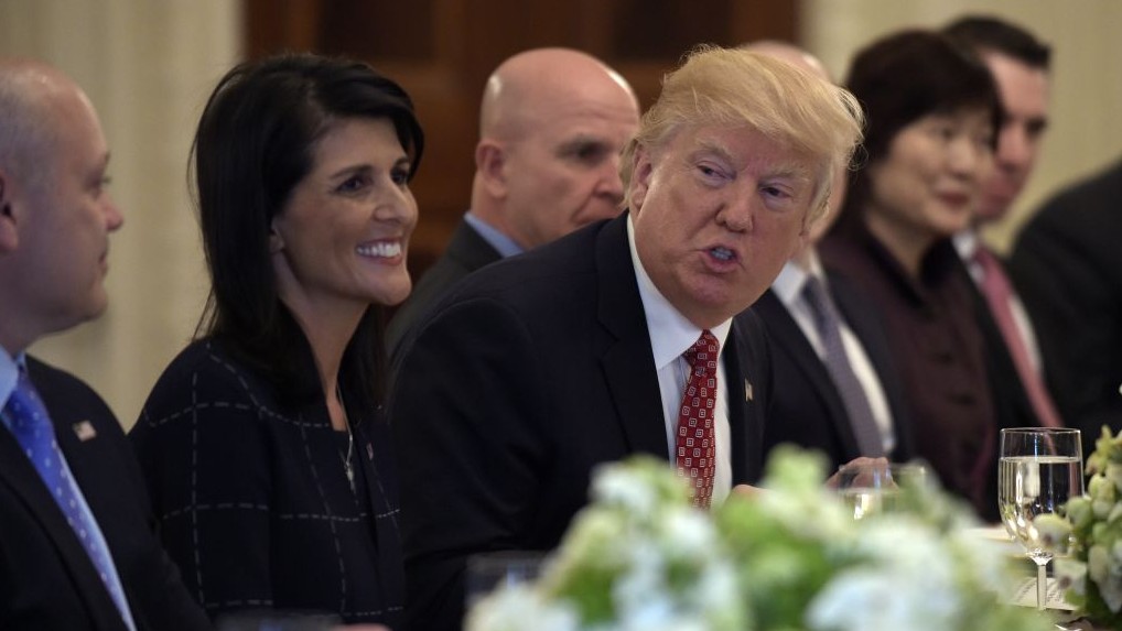 US President Donald Trump, sitting next to US Ambassador to the UN Nikki Haley, speaks during a working lunch with ambassadors of countries on the United Nations Security Council and their spouses, April 24, 2017, in the State Dining Room of the White House in Washington. (AP/Susan Walsh)