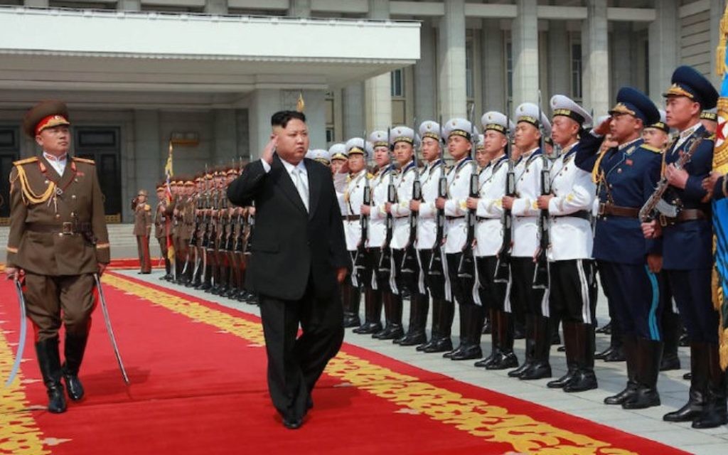 North Korean leader Kim Jong-Un (C) arriving for a military parade in Pyongyang marking the 105th anniversary of the birth of late North Korean leader Kim Il-Sung, in an April 15, 2017 picture released from North Korea's official Korean Central News Agency (KCNA) on April 16, 2017. (STR/AFP/Getty Images via JTA)