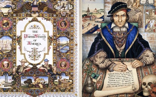 'The United States of America' (1945), left, and 'The Scribe' (1927), by Arthur Szyk. (The Magnes Collection of Jewish Art and Life, University of California, Berkeley)
