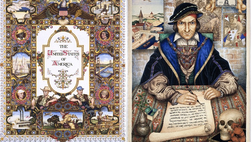 “The United States of America” (1945), left, and “The Scribe” (1927), by Arthur Szyk. (The Magnes Collection of Jewish Art and Life, University of California, Berkeley)