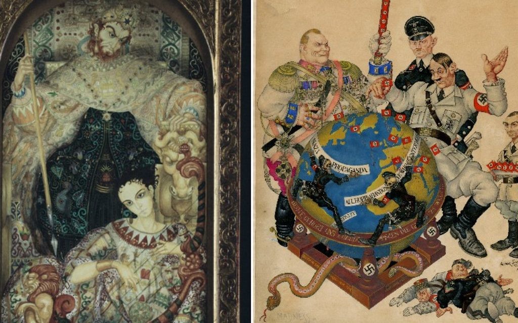 'David and Saul' (1921), left, and 'Madness' (1941), by Arthur Szyk. (The Magnes Collection of Jewish Art and Life, University of California, Berkeley)