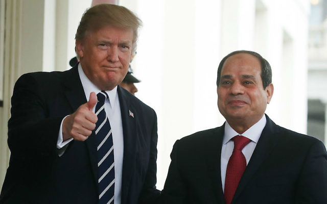 President Donald Trump welcomes Egyptian President Abdel Fattah el-Sissi to the West Wing of the White House, April 3, 2017. (Mark Wilson Wilson/Getty Images via JTA)
