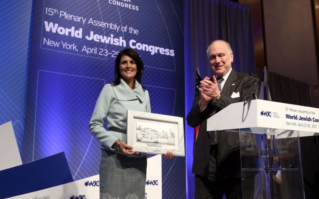 US Ambassador to the UN Nikki Haley and WJC President Ronald Lauder at the WJC Plenary Assembly in New York on April 25, 2017. (Shahar Azran)
